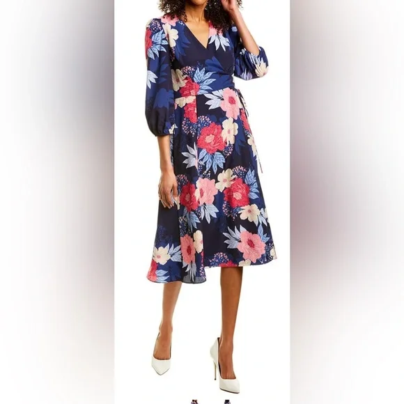 Eliza J Floral Print Tie Waist Faux Wrap 34 Balloon Sleeve Midi Dress, Womens, 2, Navy Multi Eliza J Floral Print Tie Waist Faux Wrap 34 Balloon Sleeve Midi Dress, Womens, 2, Navy Multi